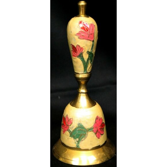 Metal Golden Brass Hand Bell Cream Enameled Pink Red Floral Pattern - Picture 3 of 12